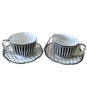 GRACE TEAWARE Black & White Striped Polka Dots Teacup and Saucer Set of 2 New